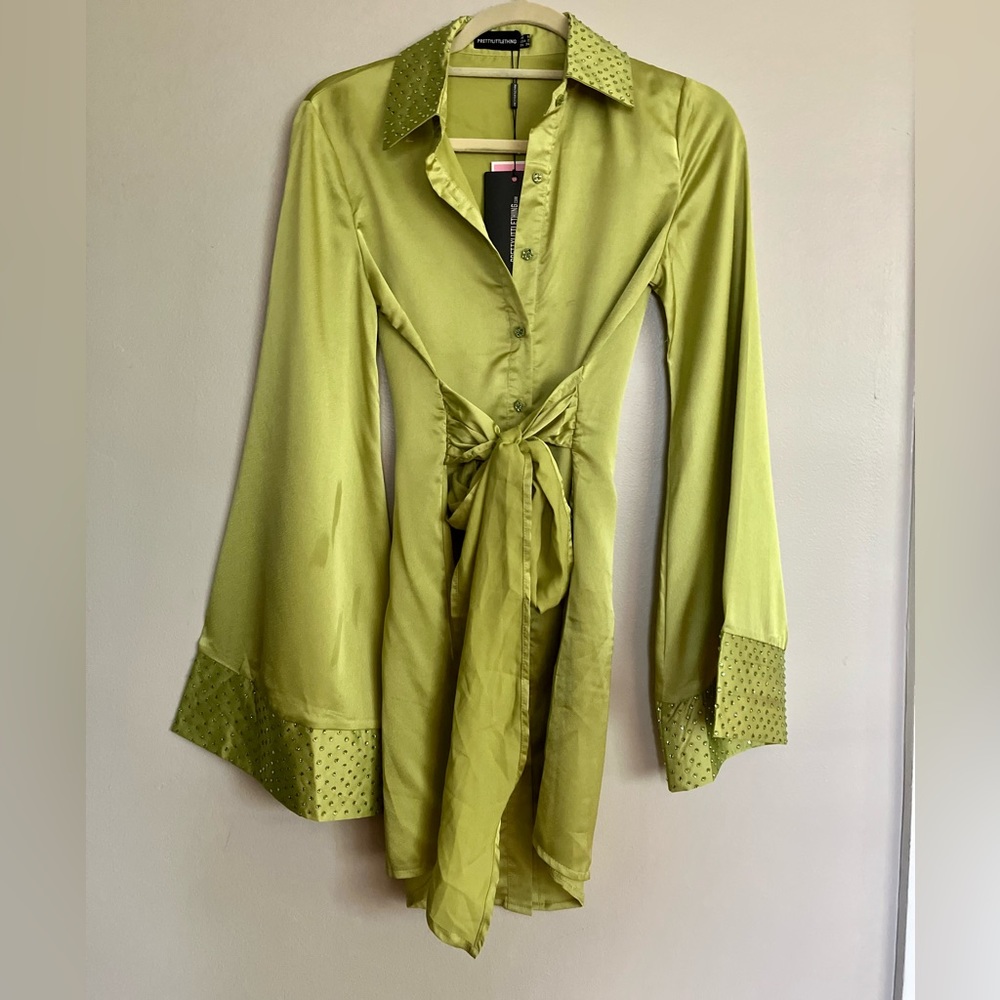 Green Long Sleeve Satin 1970s Dress with Rhinestones